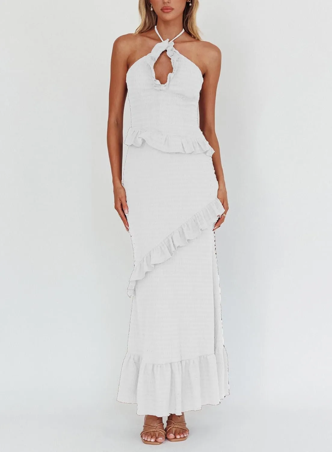 Y2k Ruffle Long Skirt Sets for Women 2 Piece Outfits Summer Ruched Backless Cami Top Matching Boho Maxi Skirt Set