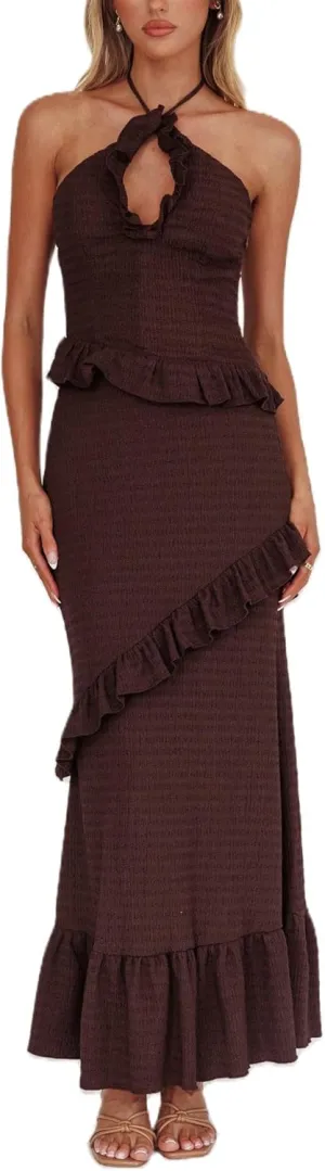 Y2k Ruffle Long Skirt Sets for Women 2 Piece Outfits Summer Ruched Backless Cami Top Matching Boho Maxi Skirt Set