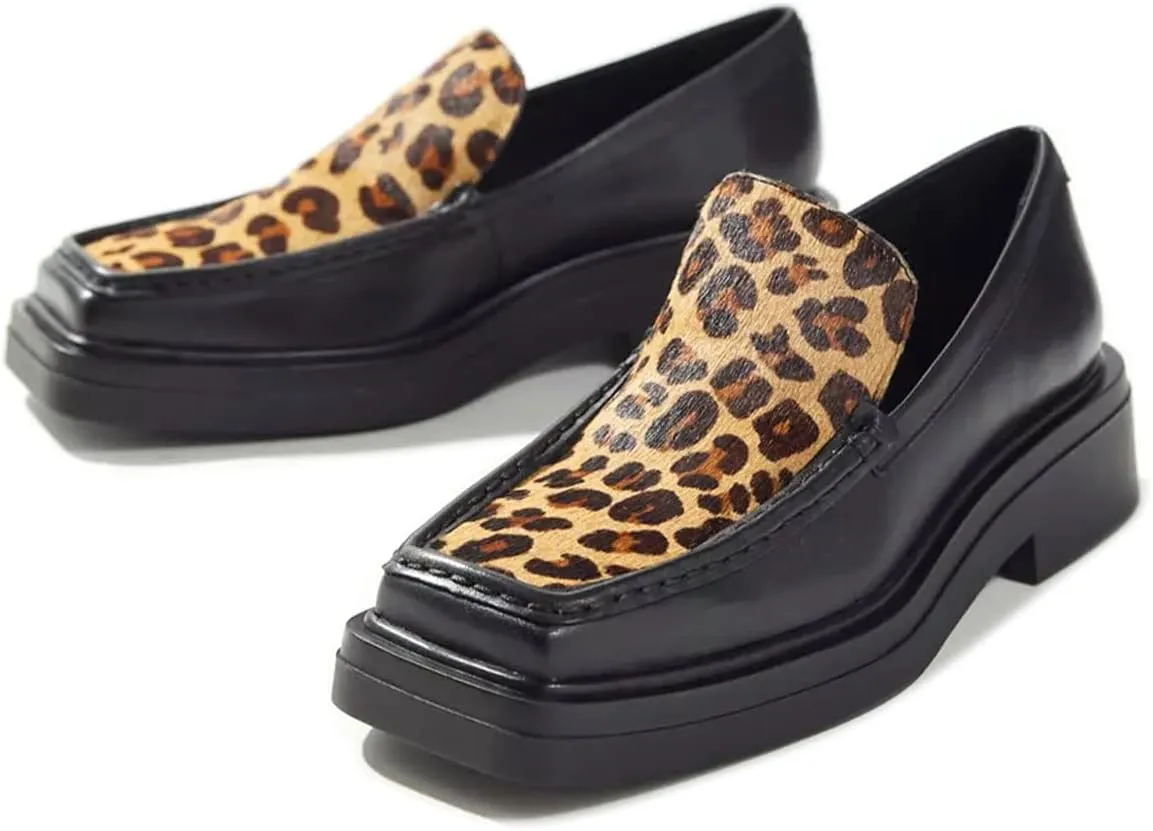 YDN Women Square Toe Platform Penny Loafers Block Chunky Heel Pumps Slip on Contrast Sititching Work Office Shoes Size 4-15 US
