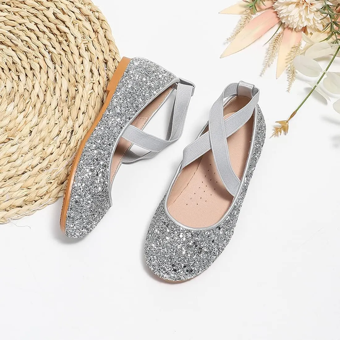 YIBLBOX Girl's Glitter Ballet Flats Ballerina Mary Jane Princess Wedding Dress Shoes Sparkle Dress up Shoes