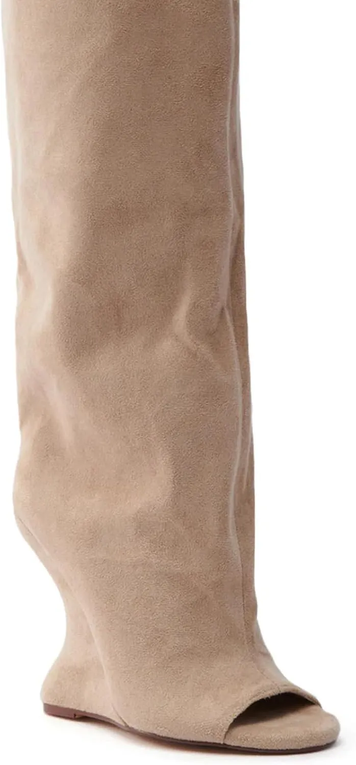 Yishaweiqi Suede Knee High Boots for Women Peep Toe Wide Calf Pull On Wedge Boots