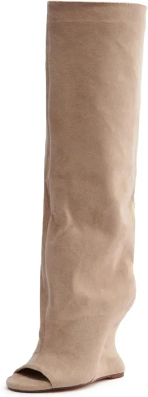 Yishaweiqi Suede Knee High Boots for Women Peep Toe Wide Calf Pull On Wedge Boots