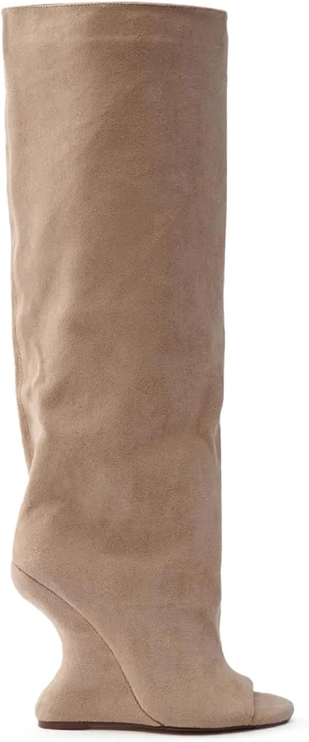 Yishaweiqi Suede Knee High Boots for Women Peep Toe Wide Calf Pull On Wedge Boots
