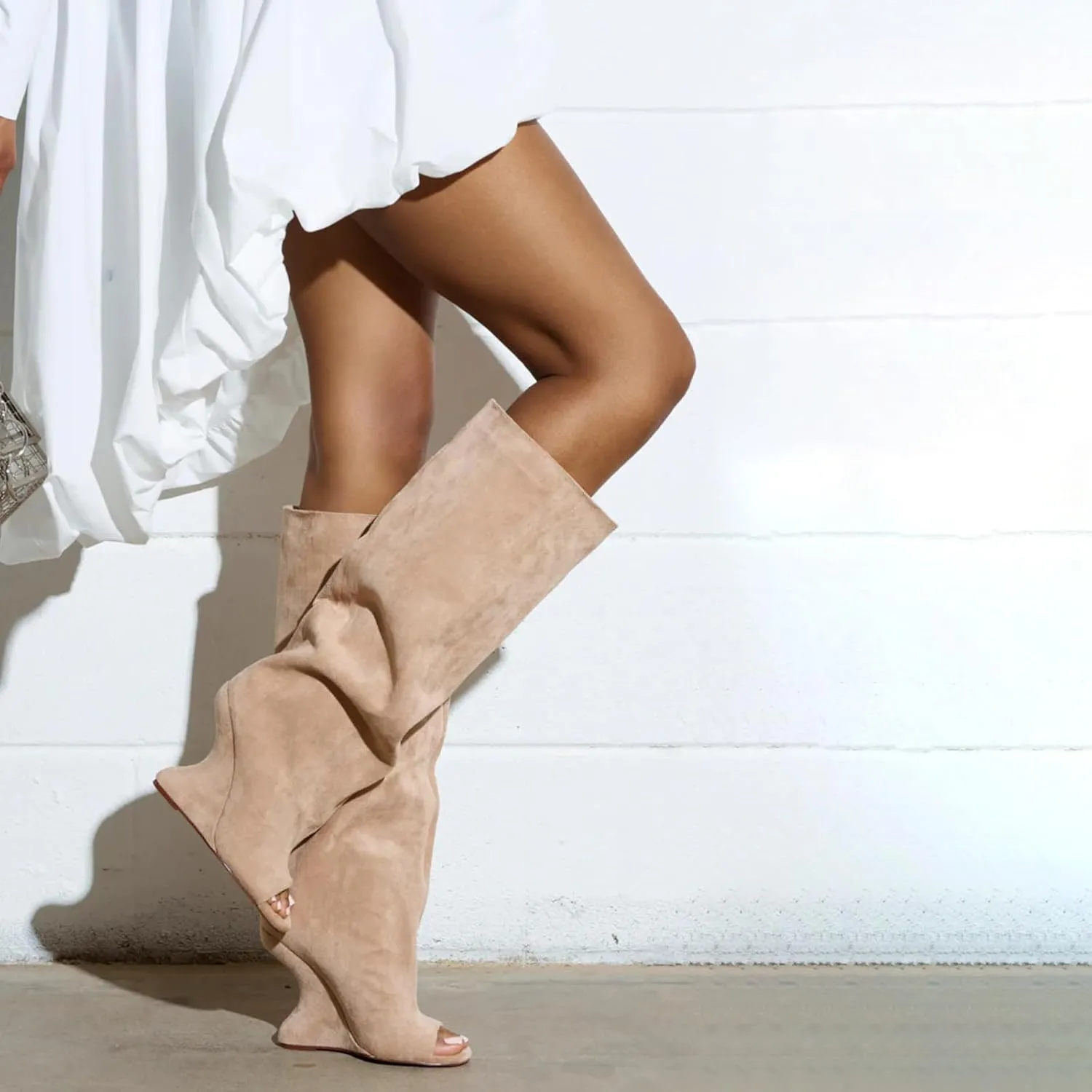 Yishaweiqi Suede Knee High Boots for Women Peep Toe Wide Calf Pull On Wedge Boots