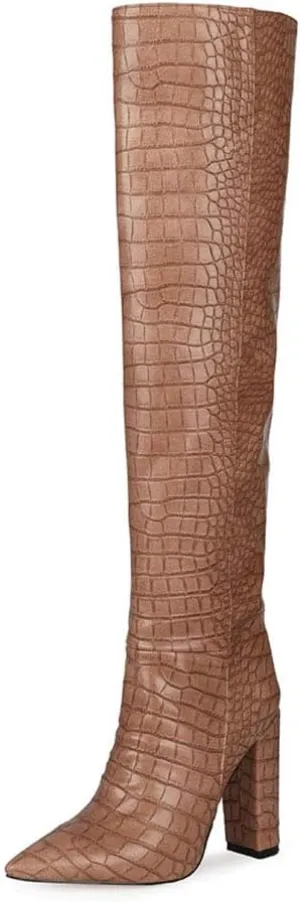YIYA Women's Metallic Over the Knee High Boots Pointed Toe Chunky Mid Heel Thigh High Fashion Dress Boots Zipper Long Boots