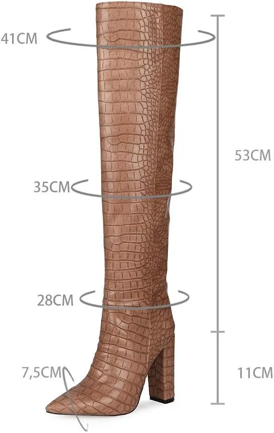 YIYA Women's Metallic Over the Knee High Boots Pointed Toe Chunky Mid Heel Thigh High Fashion Dress Boots Zipper Long Boots