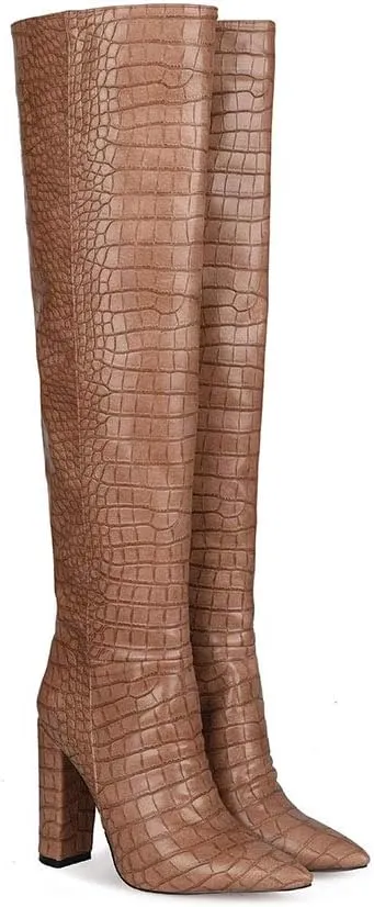 YIYA Women's Metallic Over the Knee High Boots Pointed Toe Chunky Mid Heel Thigh High Fashion Dress Boots Zipper Long Boots