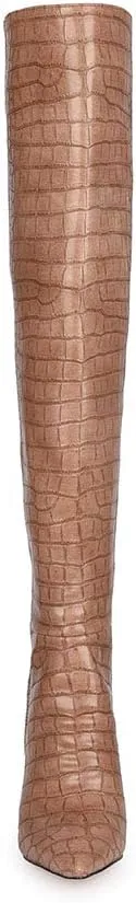 YIYA Women's Metallic Over the Knee High Boots Pointed Toe Chunky Mid Heel Thigh High Fashion Dress Boots Zipper Long Boots