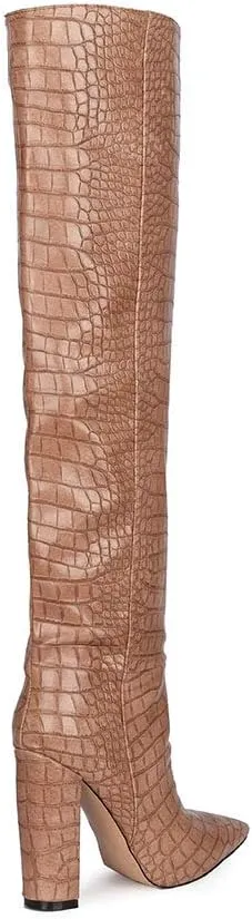 YIYA Women's Metallic Over the Knee High Boots Pointed Toe Chunky Mid Heel Thigh High Fashion Dress Boots Zipper Long Boots