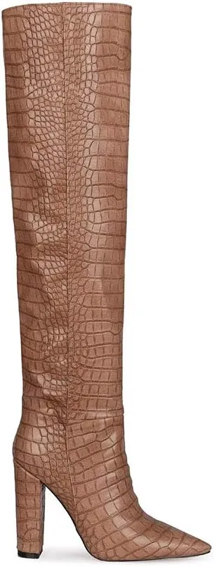 YIYA Women's Metallic Over the Knee High Boots Pointed Toe Chunky Mid Heel Thigh High Fashion Dress Boots Zipper Long Boots