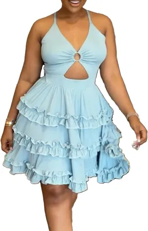 YOOTIKO Women Summer Spaghetti Strap Dress Sexy Cutout Backless Tiered A Line Babydoll Mini Sundress