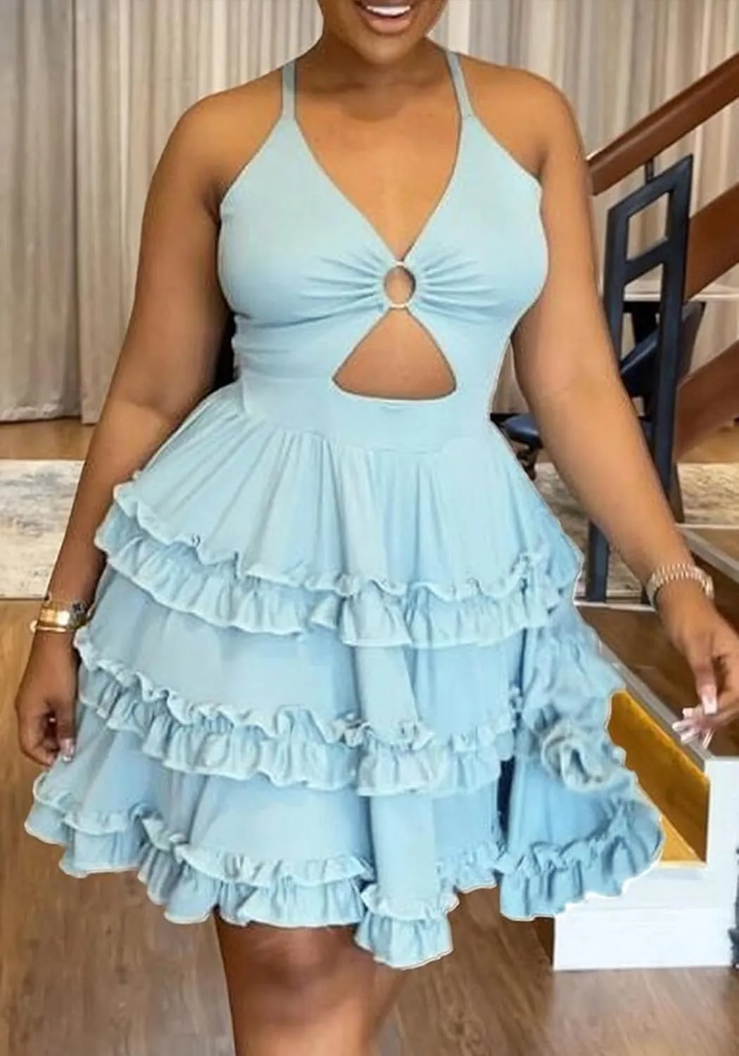 YOOTIKO Women Summer Spaghetti Strap Dress Sexy Cutout Backless Tiered A Line Babydoll Mini Sundress