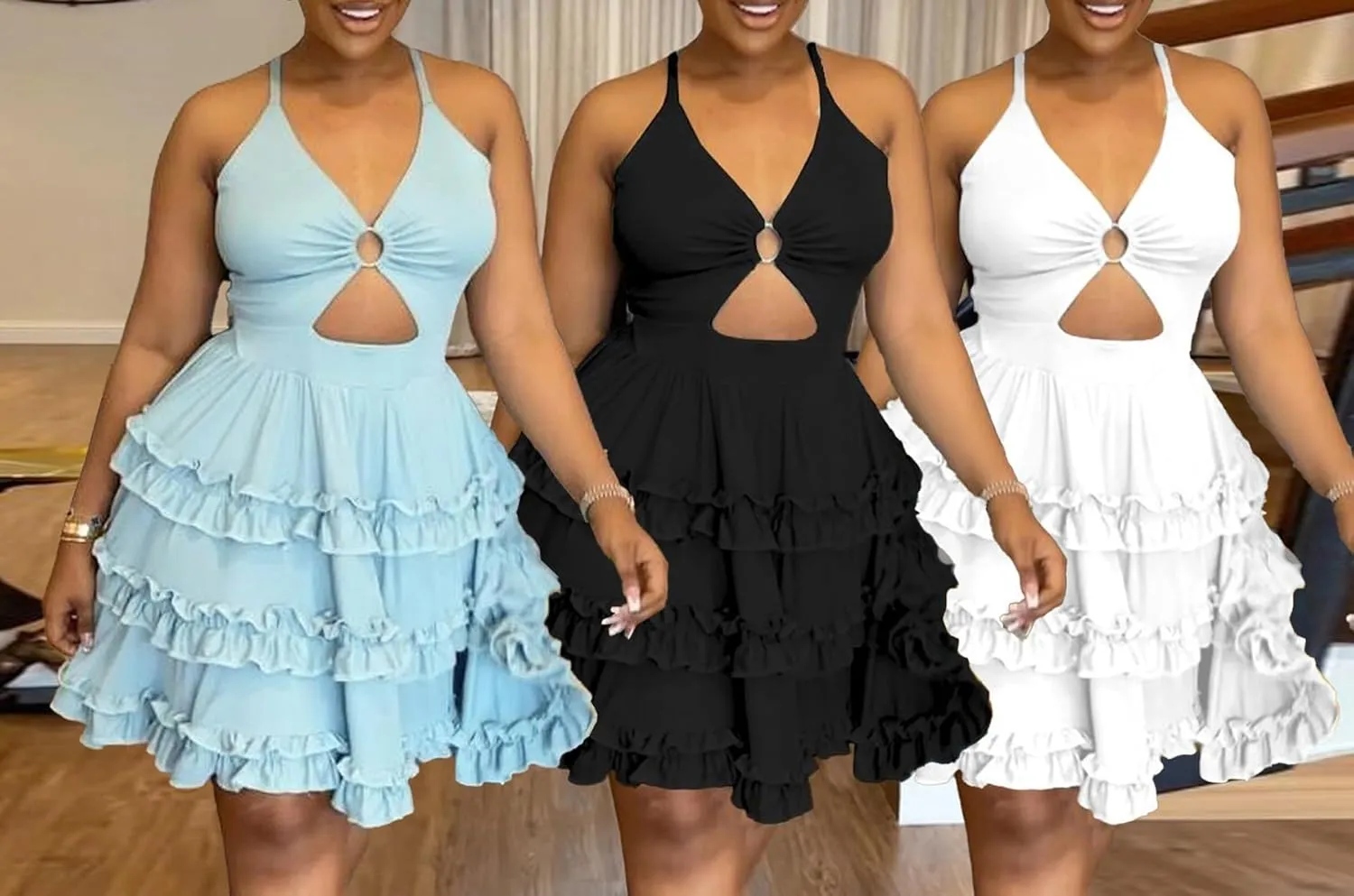 YOOTIKO Women Summer Spaghetti Strap Dress Sexy Cutout Backless Tiered A Line Babydoll Mini Sundress