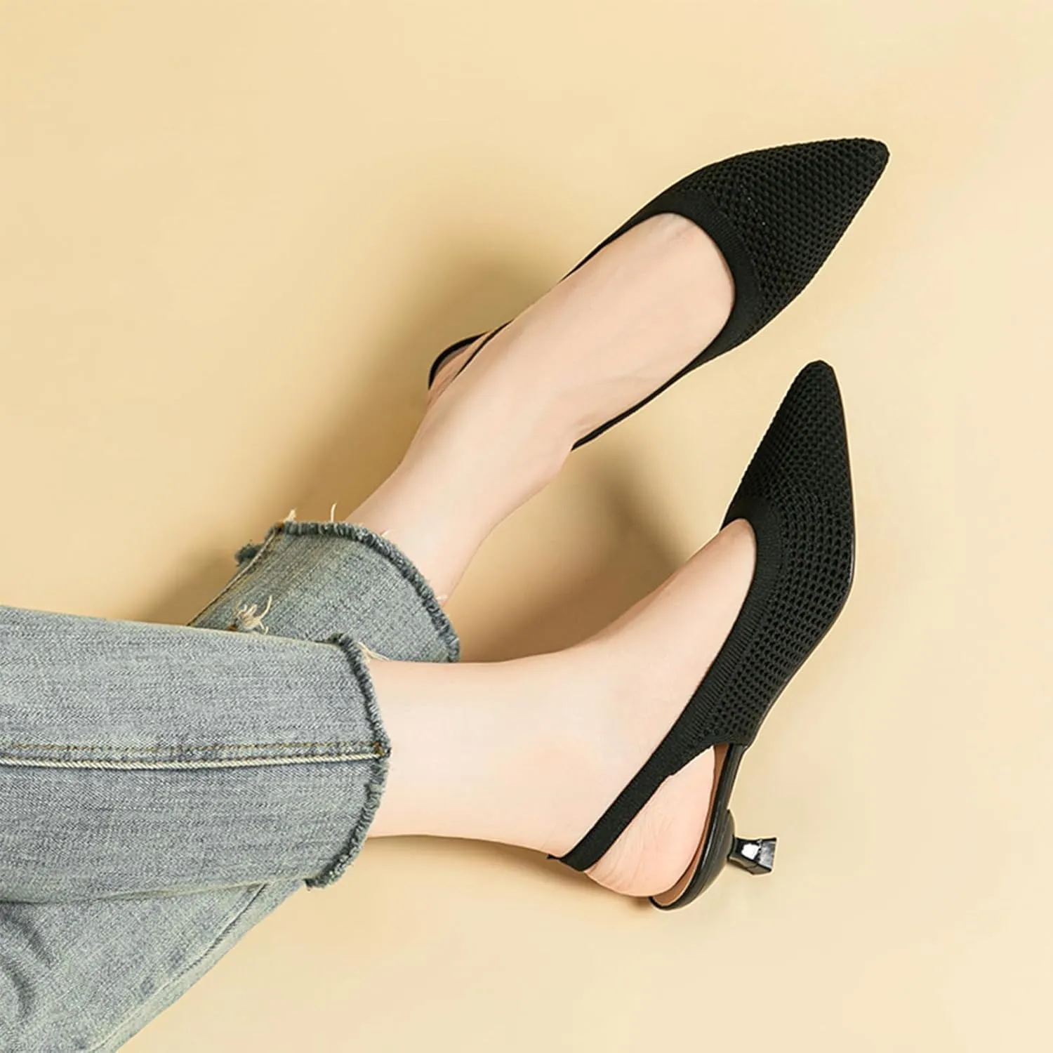 youngshow Pointed Toe Women Pumps, Comfort Slingback Heels with Arch Support, Cute Kitten Heels with Ankle Strap for Womens, Walking Office, Black
