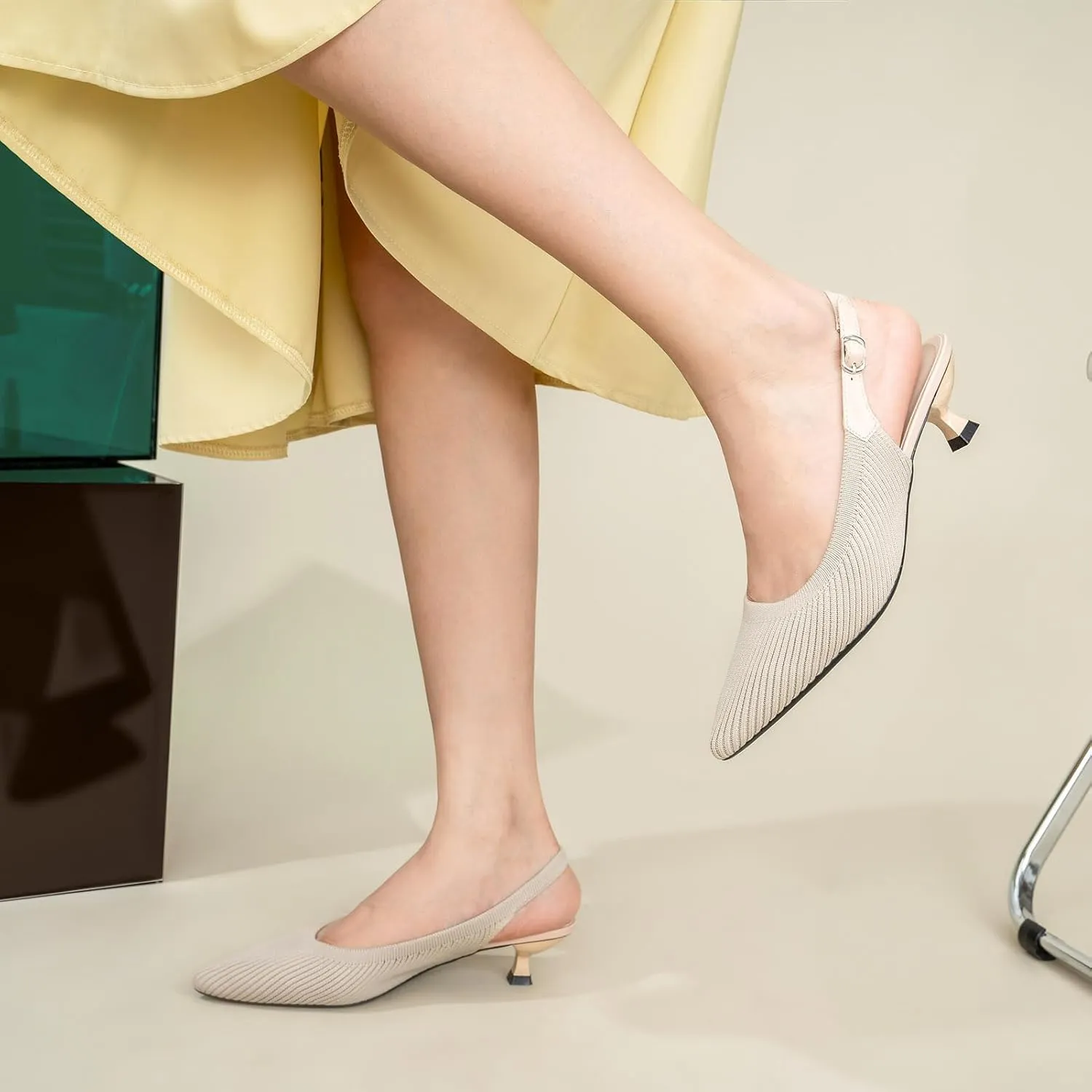 youngshow Pointed Toe Women Pumps, Comfort Slingback Heels with Arch Support, Cute Kitten Heels with Ankle Strap for Womens, Walking Office, Black
