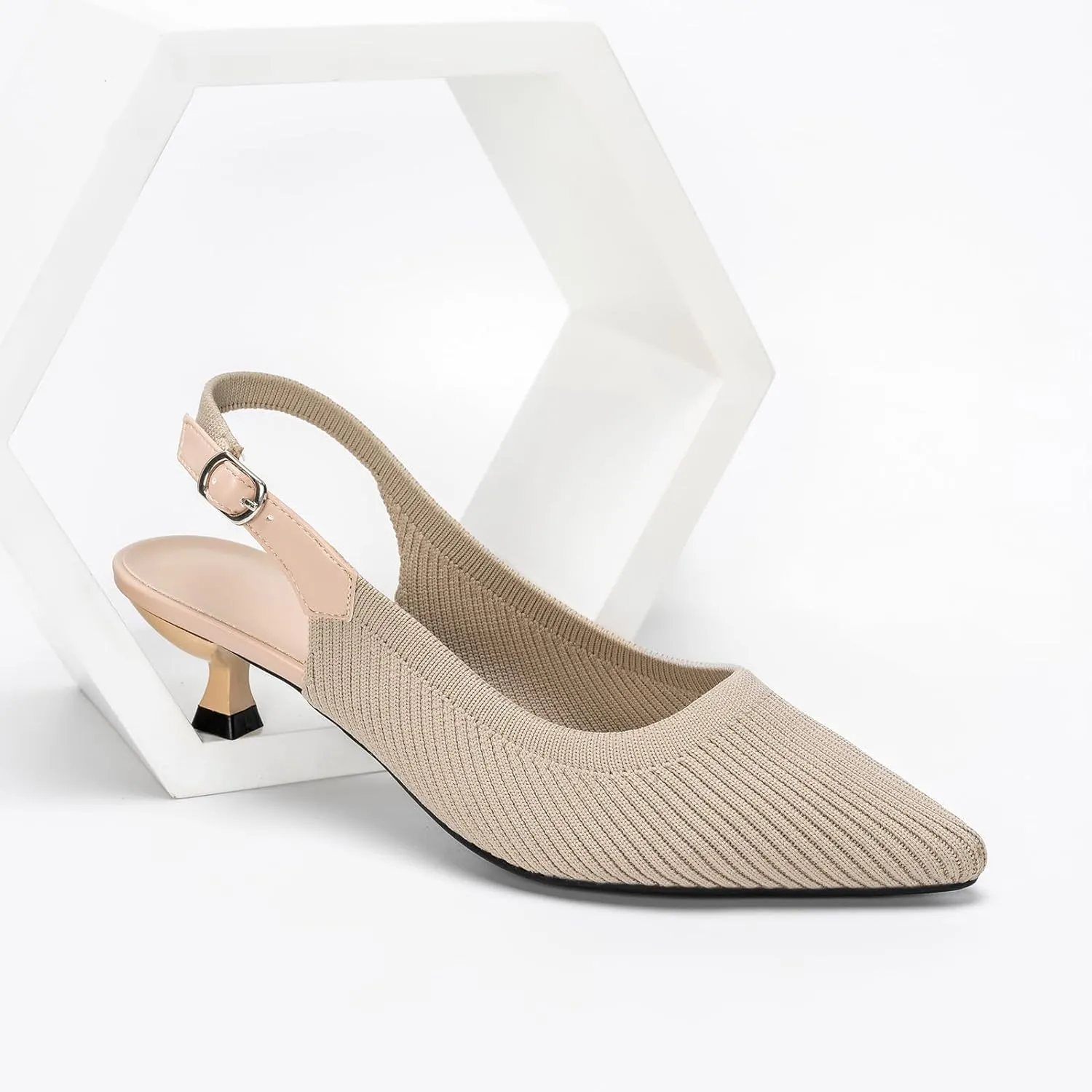 youngshow Pointed Toe Women Pumps, Comfort Slingback Heels with Arch Support, Cute Kitten Heels with Ankle Strap for Womens, Walking Office, Black