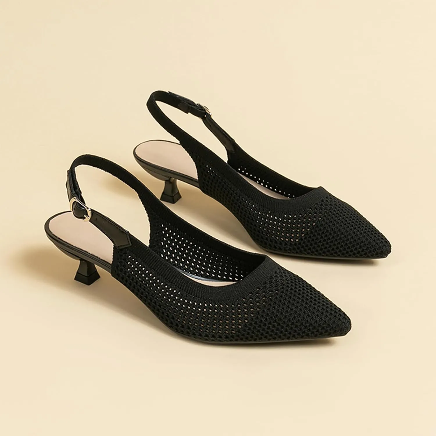 youngshow Pointed Toe Women Pumps, Comfort Slingback Heels with Arch Support, Cute Kitten Heels with Ankle Strap for Womens, Walking Office, Black