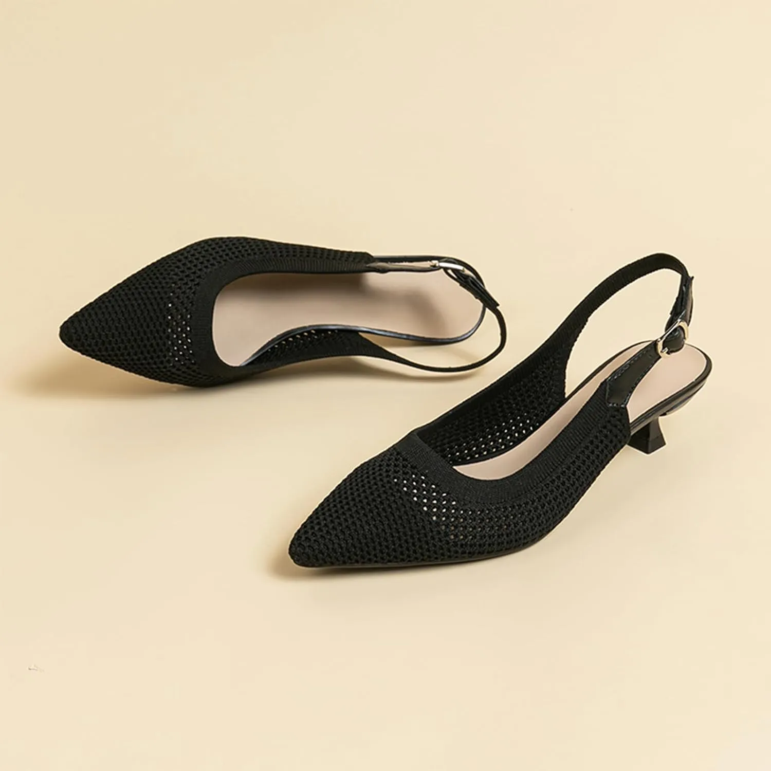 youngshow Pointed Toe Women Pumps, Comfort Slingback Heels with Arch Support, Cute Kitten Heels with Ankle Strap for Womens, Walking Office, Black