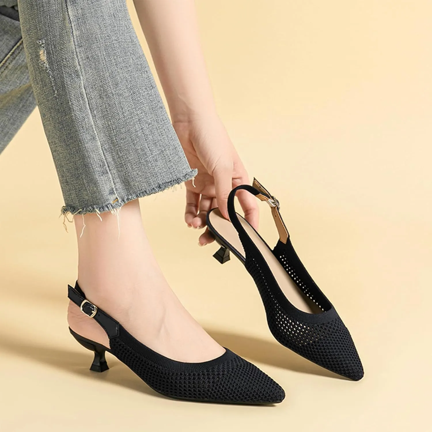 youngshow Pointed Toe Women Pumps, Comfort Slingback Heels with Arch Support, Cute Kitten Heels with Ankle Strap for Womens, Walking Office, Black