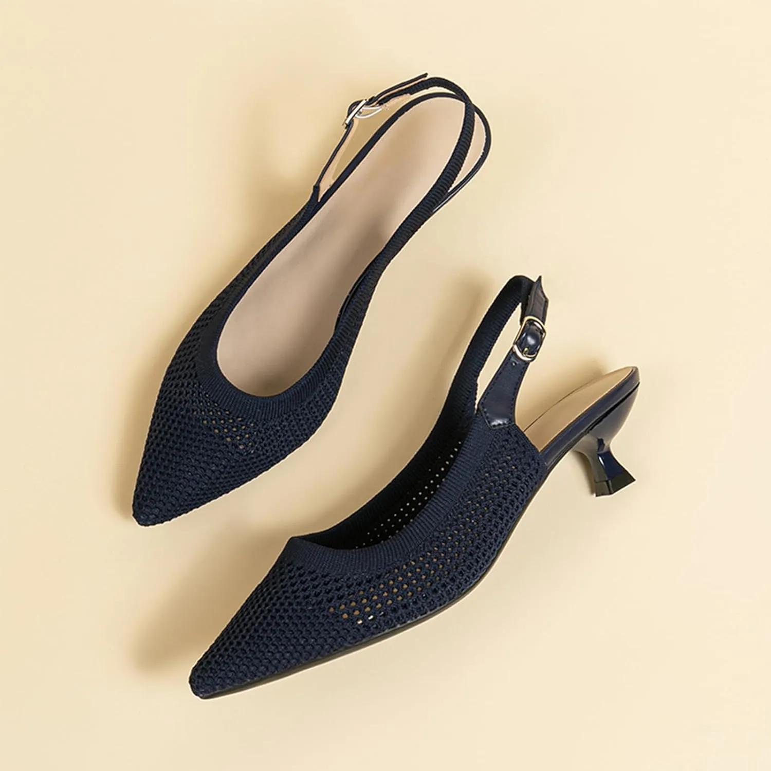 youngshow Pointed Toe Women Pumps, Comfort Slingback Heels with Arch Support, Cute Kitten Heels with Ankle Strap for Womens, Walking Office, Black