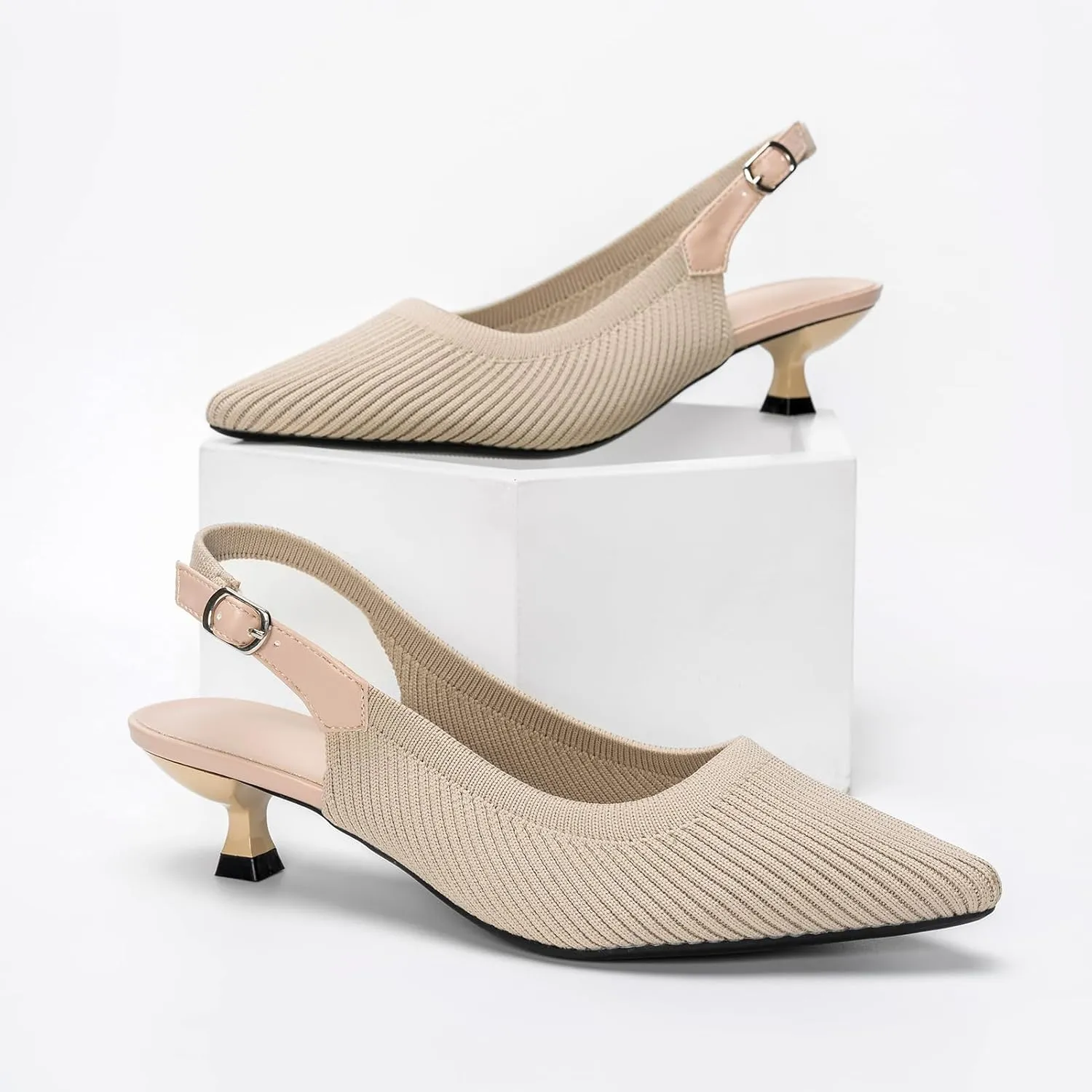 youngshow Pointed Toe Women Pumps, Comfort Slingback Heels with Arch Support, Cute Kitten Heels with Ankle Strap for Womens, Walking Office, Black