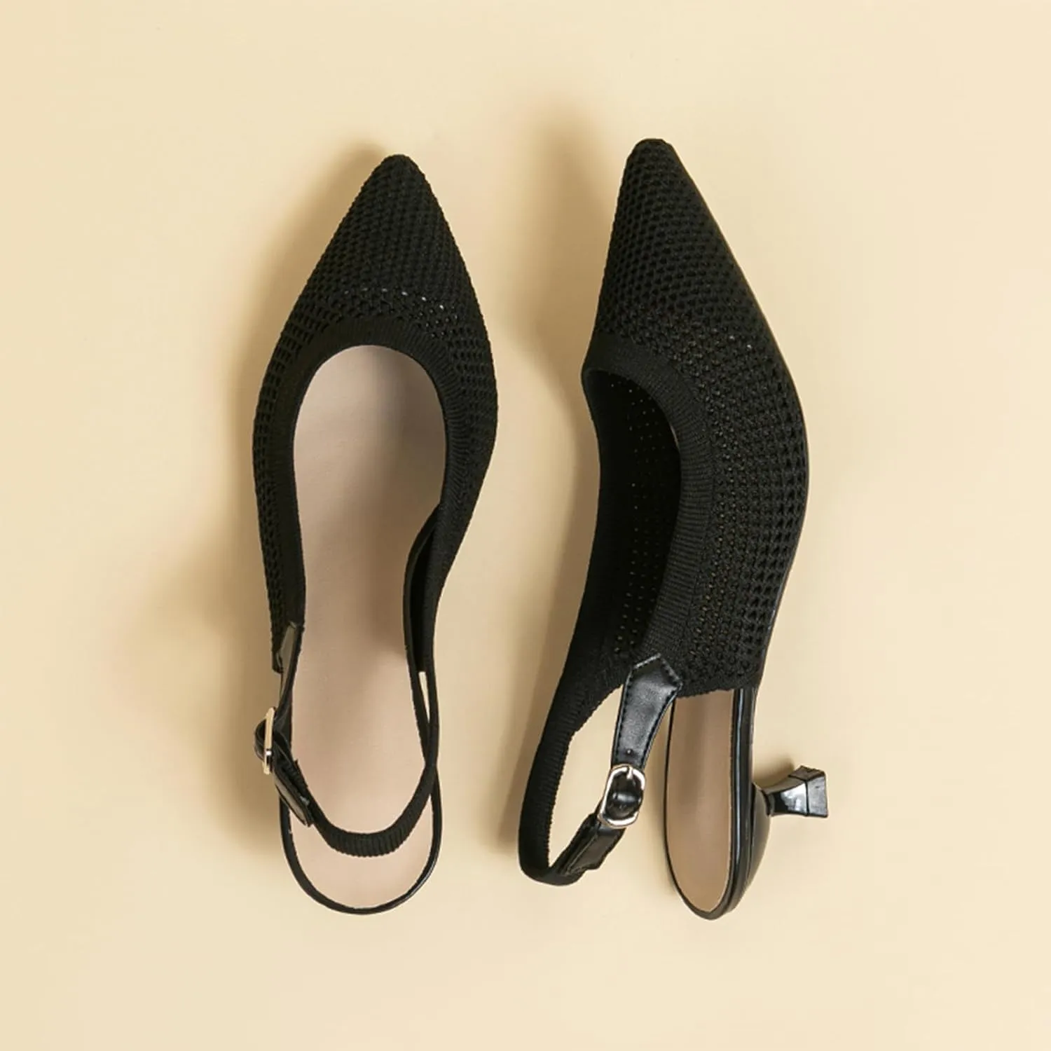 youngshow Pointed Toe Women Pumps, Comfort Slingback Heels with Arch Support, Cute Kitten Heels with Ankle Strap for Womens, Walking Office, Black