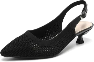 youngshow Pointed Toe Women Pumps, Comfort Slingback Heels with Arch Support, Cute Kitten Heels with Ankle Strap for Womens, Walking Office, Black