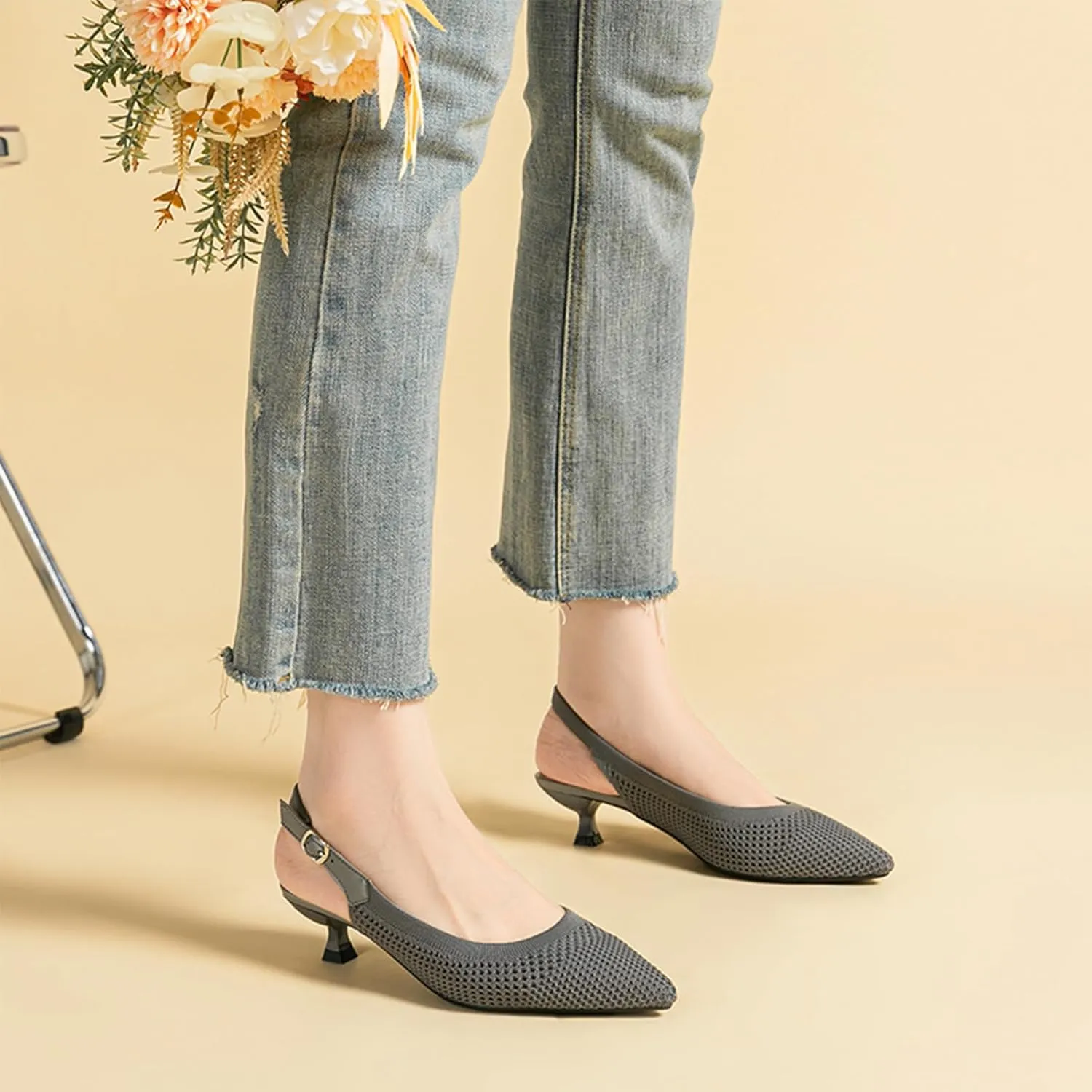 youngshow Pointed Toe Women Pumps, Comfort Slingback Heels with Arch Support, Cute Kitten Heels with Ankle Strap for Womens, Walking Office, Black