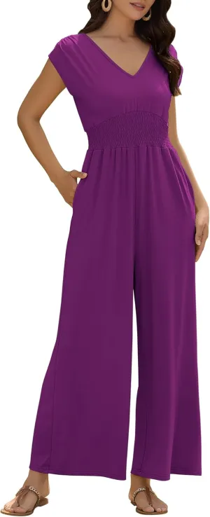 ZAFUL Women's Summer Fashion Clothes 2025 V Neck Sleeveless Loose Jumpsuits Smocked Waist Air Essentials Long Pants Romper with Pockets