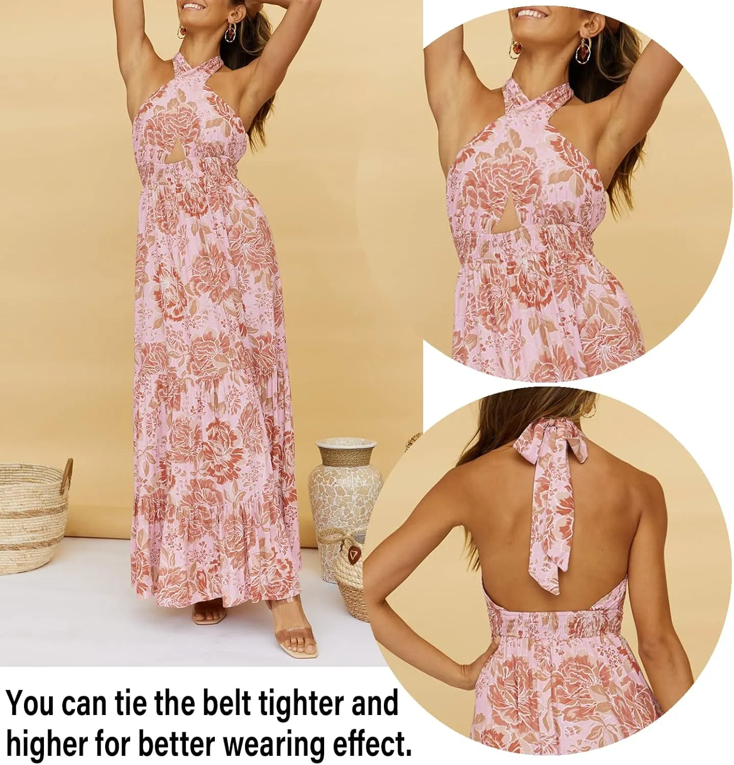 ZESICA Women's 2025 Summer Crossover Halter Neck Sleeveless Plaid Cut Out Backless Flowy A Line Maxi Dress