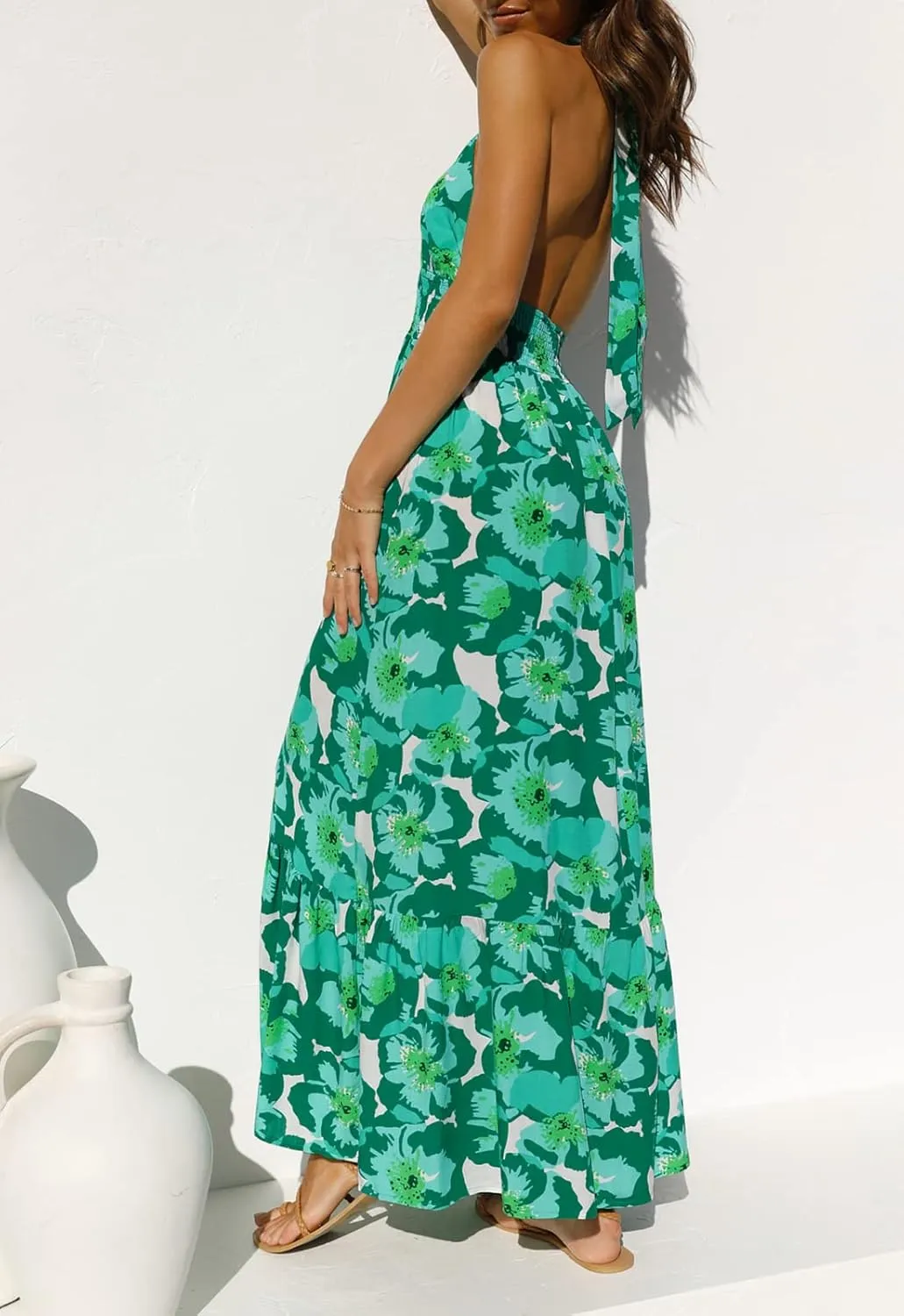 ZESICA Women's 2025 Summer Crossover Halter Neck Sleeveless Plaid Cut Out Backless Flowy A Line Maxi Dress