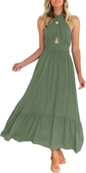 ZESICA Women's 2025 Summer Crossover Halter Neck Sleeveless Plaid Cut Out Backless Flowy A Line Maxi Dress