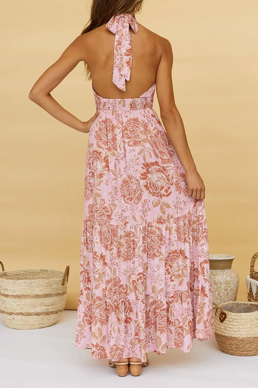 ZESICA Women's 2025 Summer Crossover Halter Neck Sleeveless Plaid Cut Out Backless Flowy A Line Maxi Dress