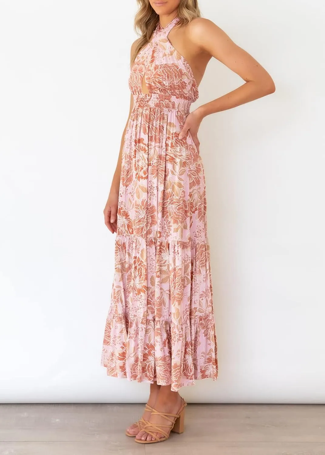 ZESICA Women's 2025 Summer Crossover Halter Neck Sleeveless Plaid Cut Out Backless Flowy A Line Maxi Dress
