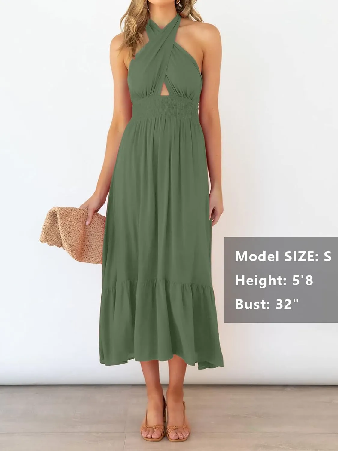 ZESICA Women's 2025 Summer Crossover Halter Neck Sleeveless Plaid Cut Out Backless Flowy A Line Maxi Dress