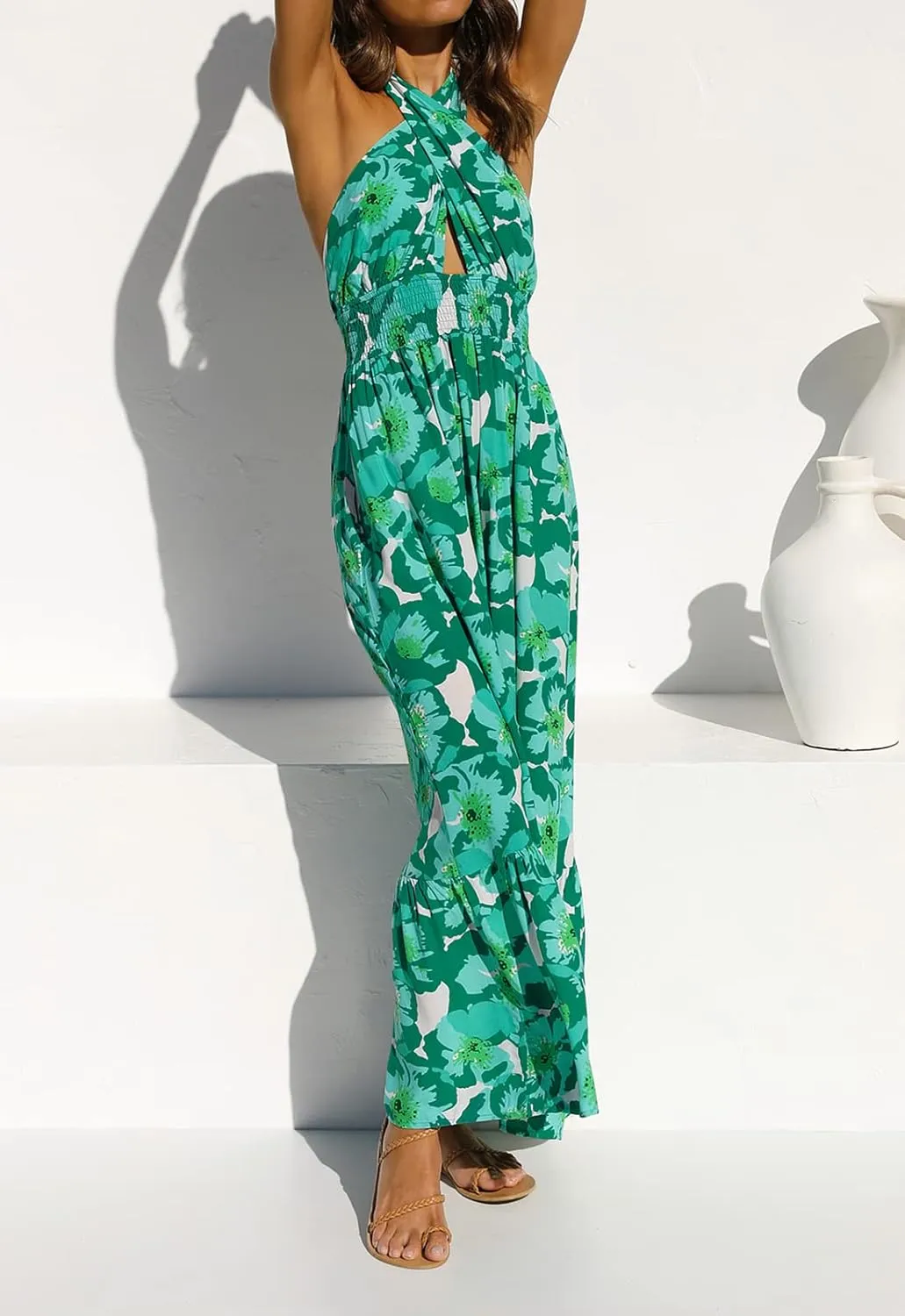 ZESICA Women's 2025 Summer Crossover Halter Neck Sleeveless Plaid Cut Out Backless Flowy A Line Maxi Dress