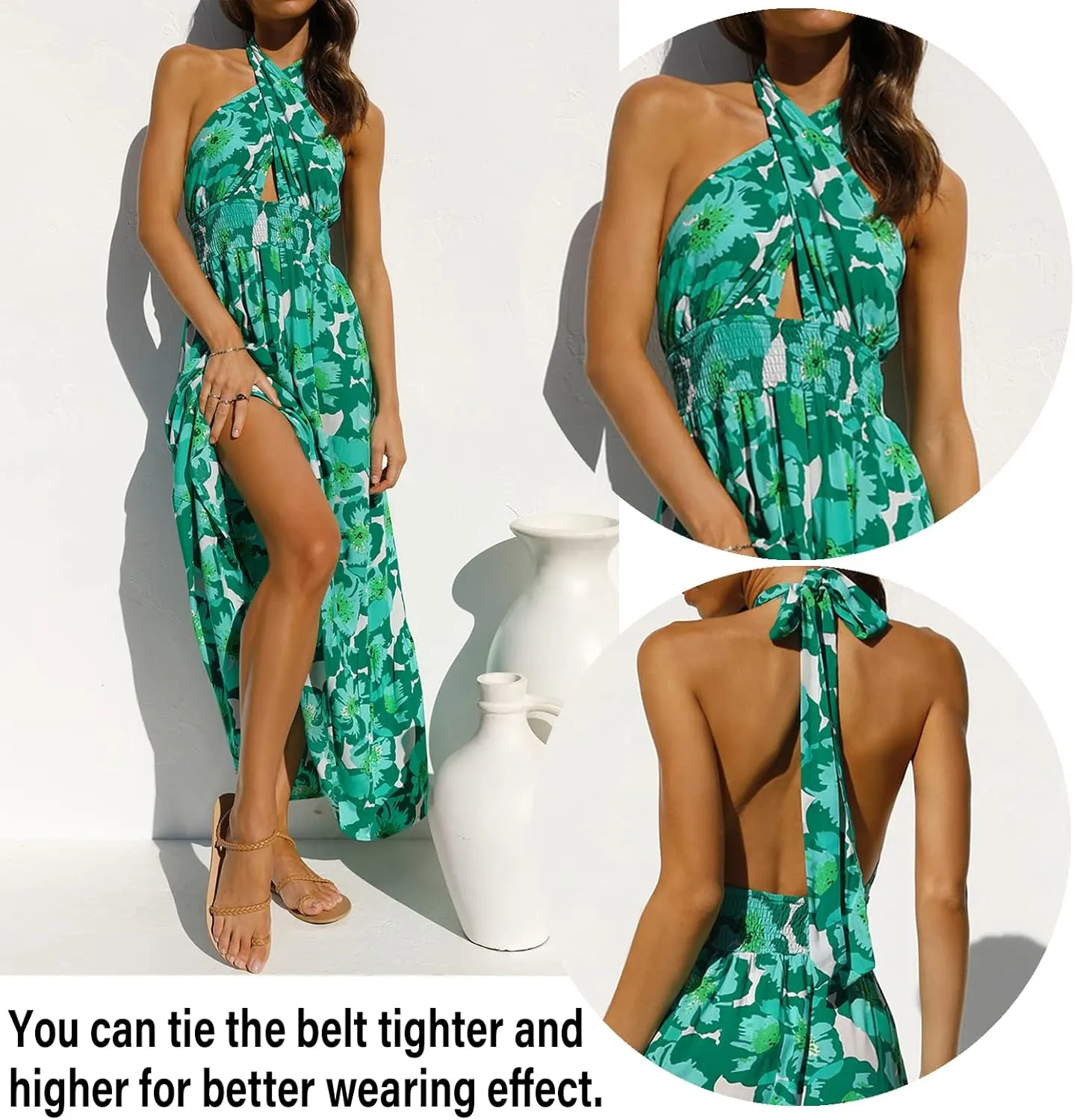 ZESICA Women's 2025 Summer Crossover Halter Neck Sleeveless Plaid Cut Out Backless Flowy A Line Maxi Dress