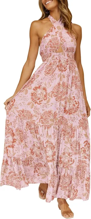 ZESICA Women's 2025 Summer Crossover Halter Neck Sleeveless Plaid Cut Out Backless Flowy A Line Maxi Dress