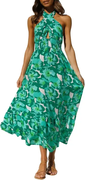 ZESICA Women's 2025 Summer Crossover Halter Neck Sleeveless Plaid Cut Out Backless Flowy A Line Maxi Dress