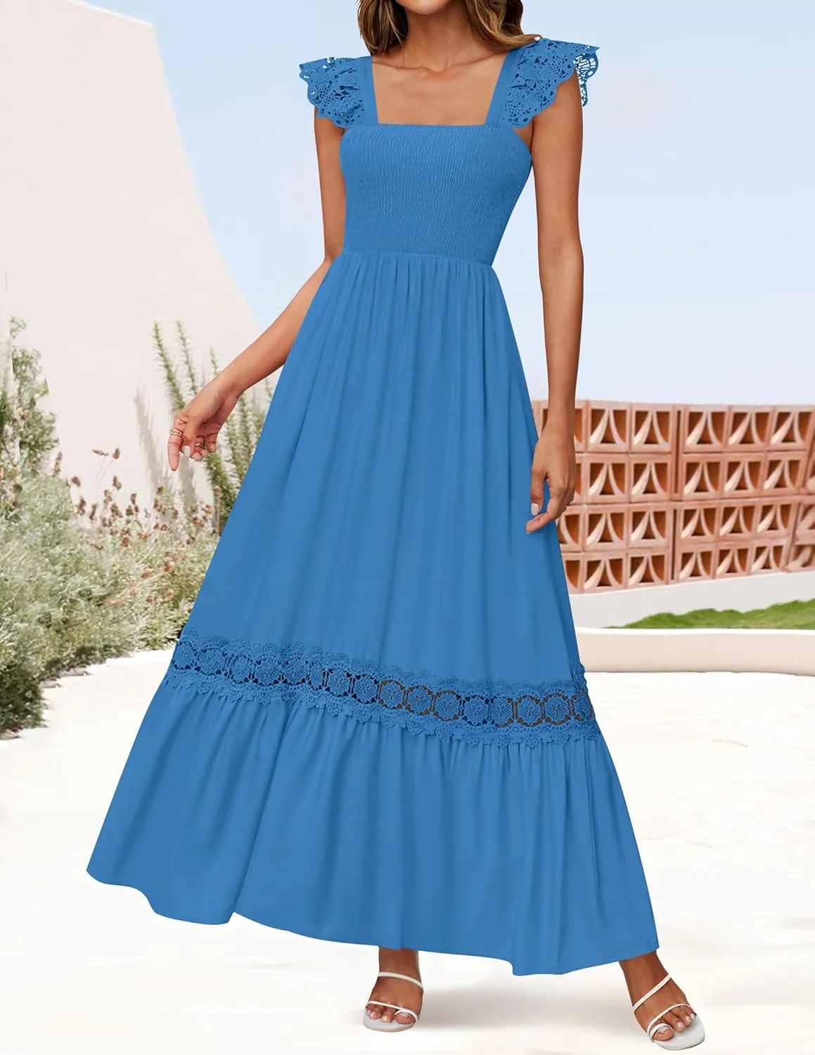 ZESICA Women's 2025 Summer Lace Strap Sleeveless Square Neck Smocked High Waist Ruffle Hollow Out Flowy A Line Maxi Dress
