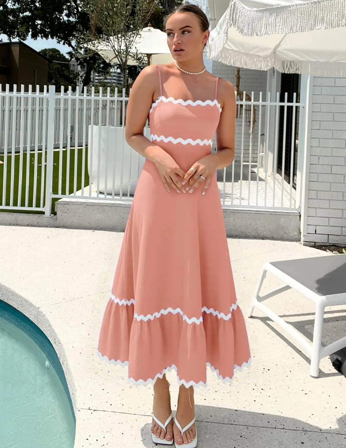 ZESICA Women's 2025 Summer Spaghetti Straps Sleeveless Backless Sundress Flowy Smocked Lace Swing A Line Midi Dress