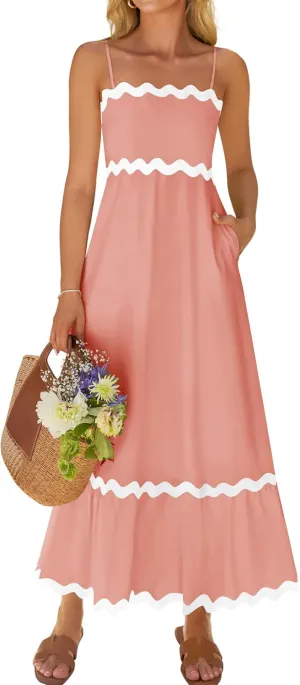 ZESICA Women's 2025 Summer Spaghetti Straps Sleeveless Backless Sundress Flowy Smocked Lace Swing A Line Midi Dress