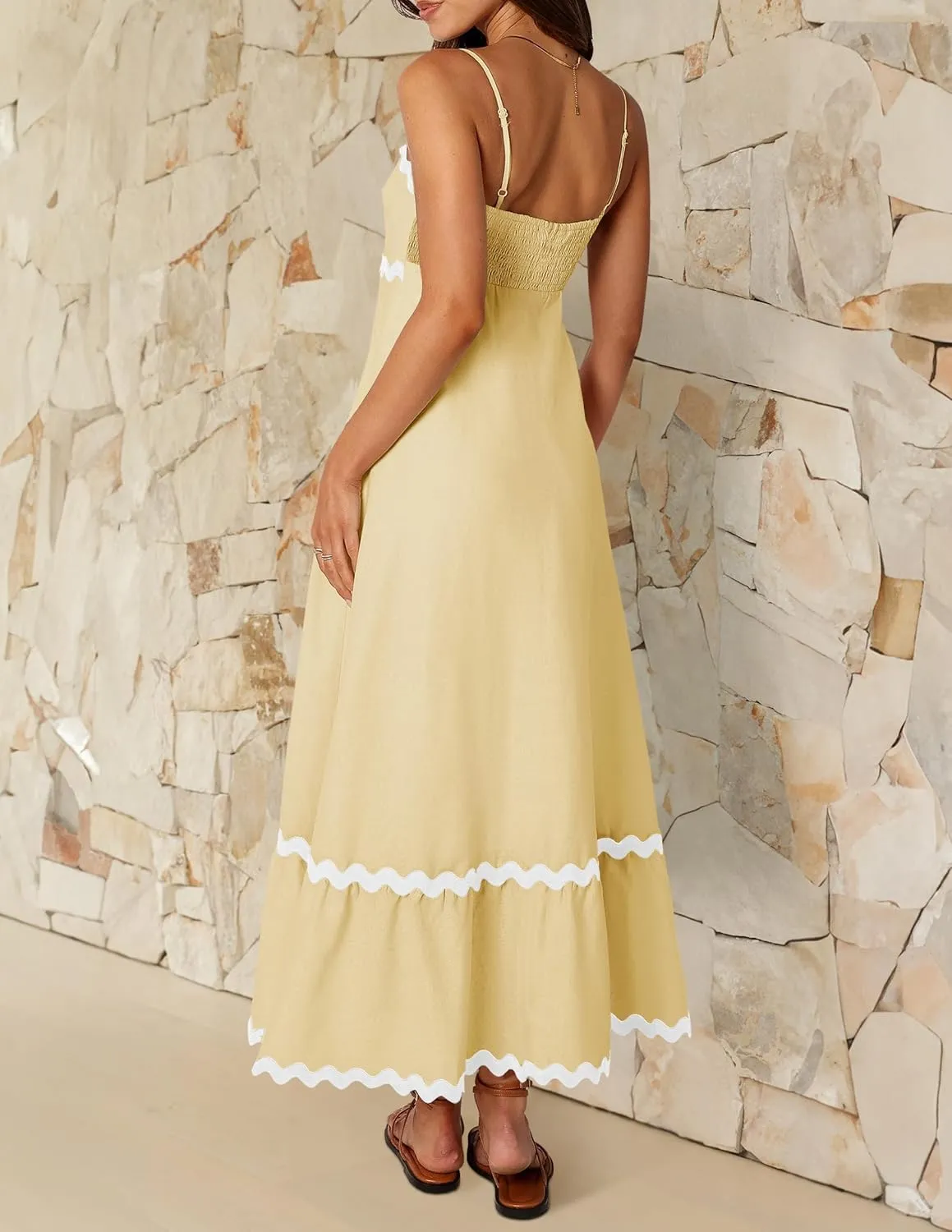 ZESICA Women's 2025 Summer Spaghetti Straps Sleeveless Backless Sundress Flowy Smocked Lace Swing A Line Midi Dress