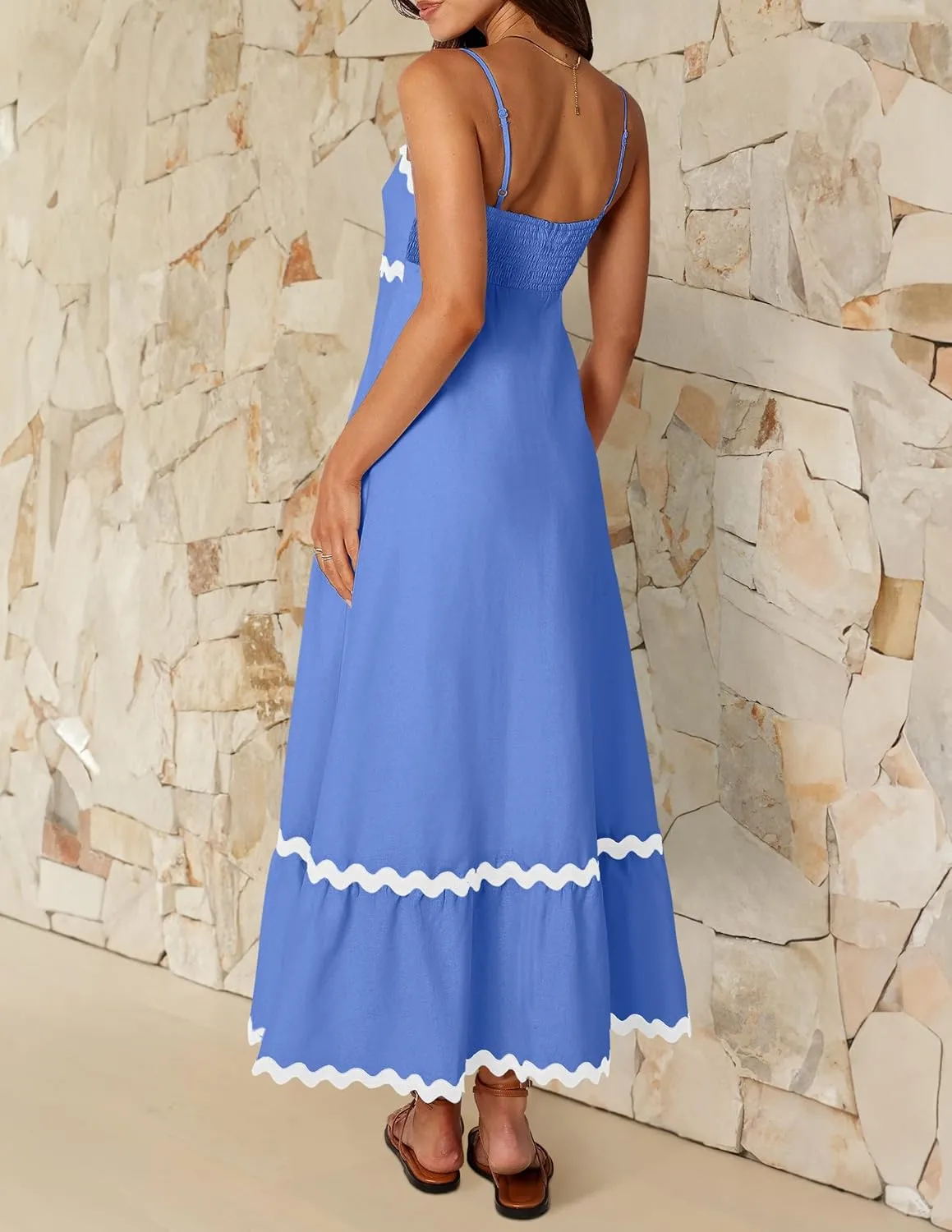 ZESICA Women's 2025 Summer Spaghetti Straps Sleeveless Backless Sundress Flowy Smocked Lace Swing A Line Midi Dress