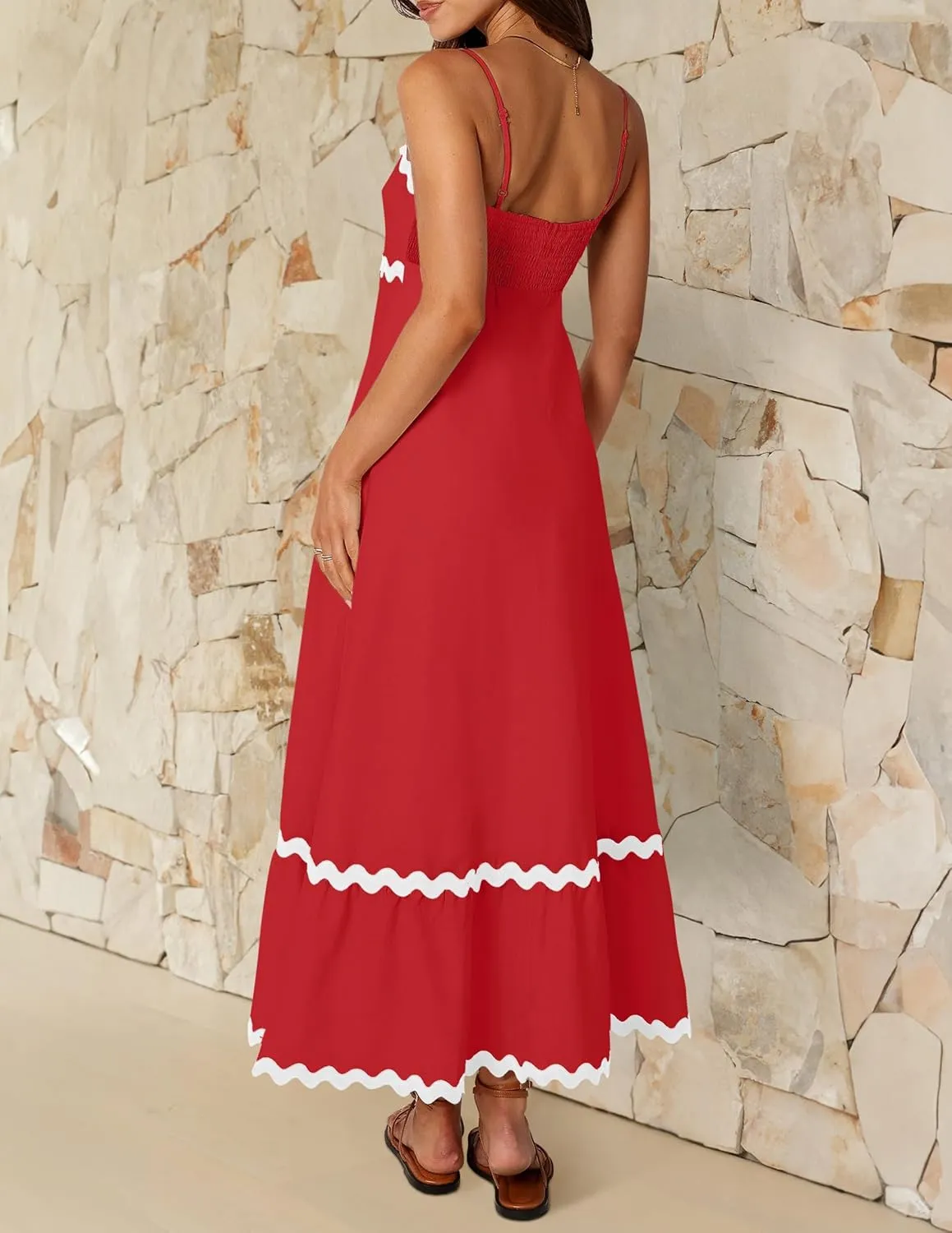 ZESICA Women's 2025 Summer Spaghetti Straps Sleeveless Backless Sundress Flowy Smocked Lace Swing A Line Midi Dress