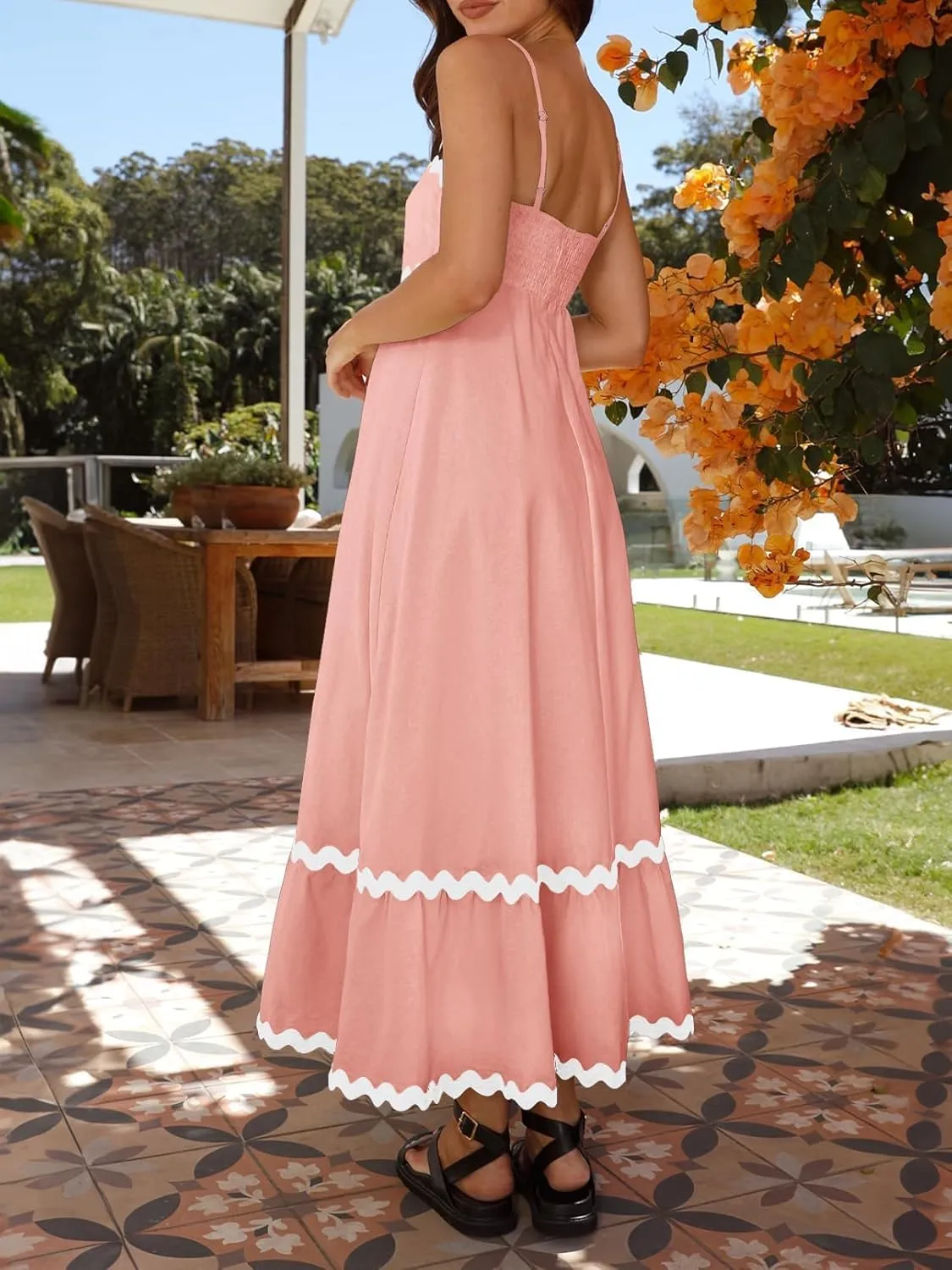ZESICA Women's 2025 Summer Spaghetti Straps Sleeveless Backless Sundress Flowy Smocked Lace Swing A Line Midi Dress