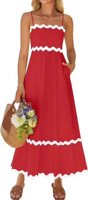 ZESICA Women's 2025 Summer Spaghetti Straps Sleeveless Backless Sundress Flowy Smocked Lace Swing A Line Midi Dress