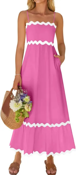 ZESICA Women's 2025 Summer Spaghetti Straps Sleeveless Backless Sundress Flowy Smocked Lace Swing A Line Midi Dress