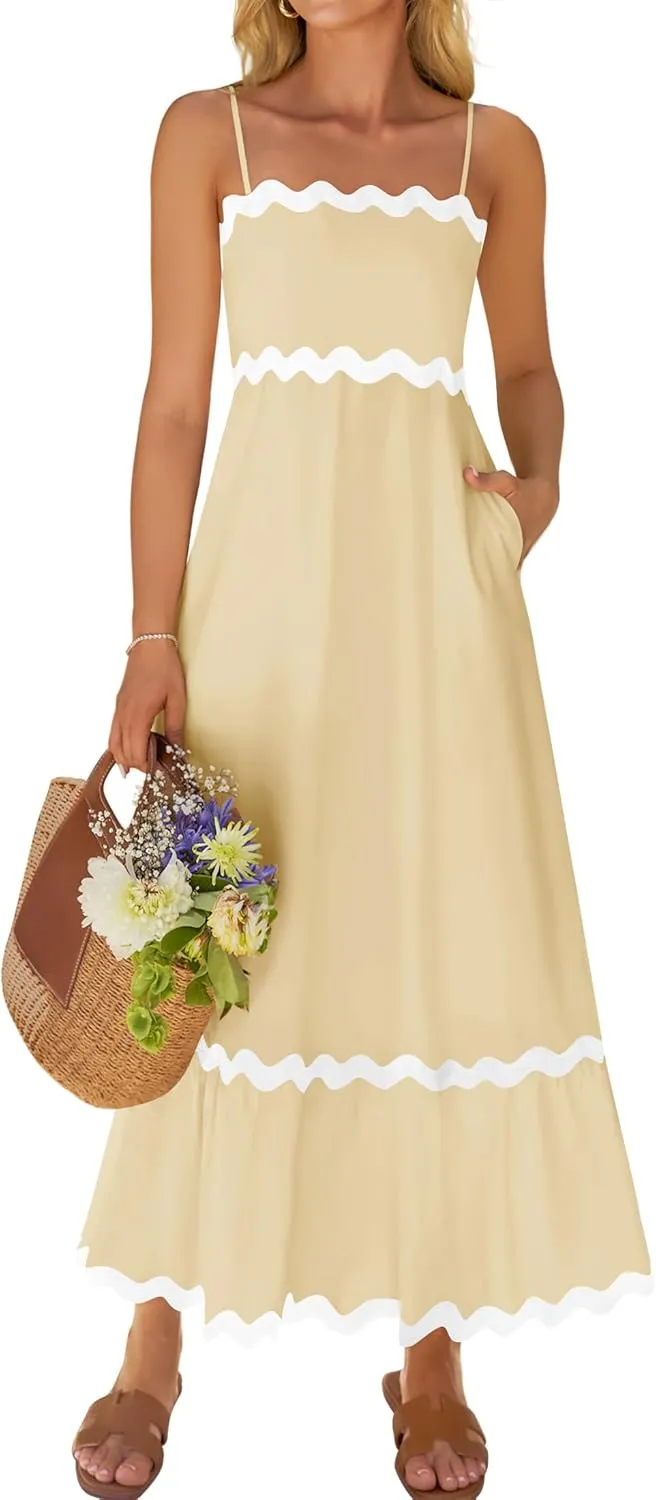 ZESICA Women's 2025 Summer Spaghetti Straps Sleeveless Backless Sundress Flowy Smocked Lace Swing A Line Midi Dress