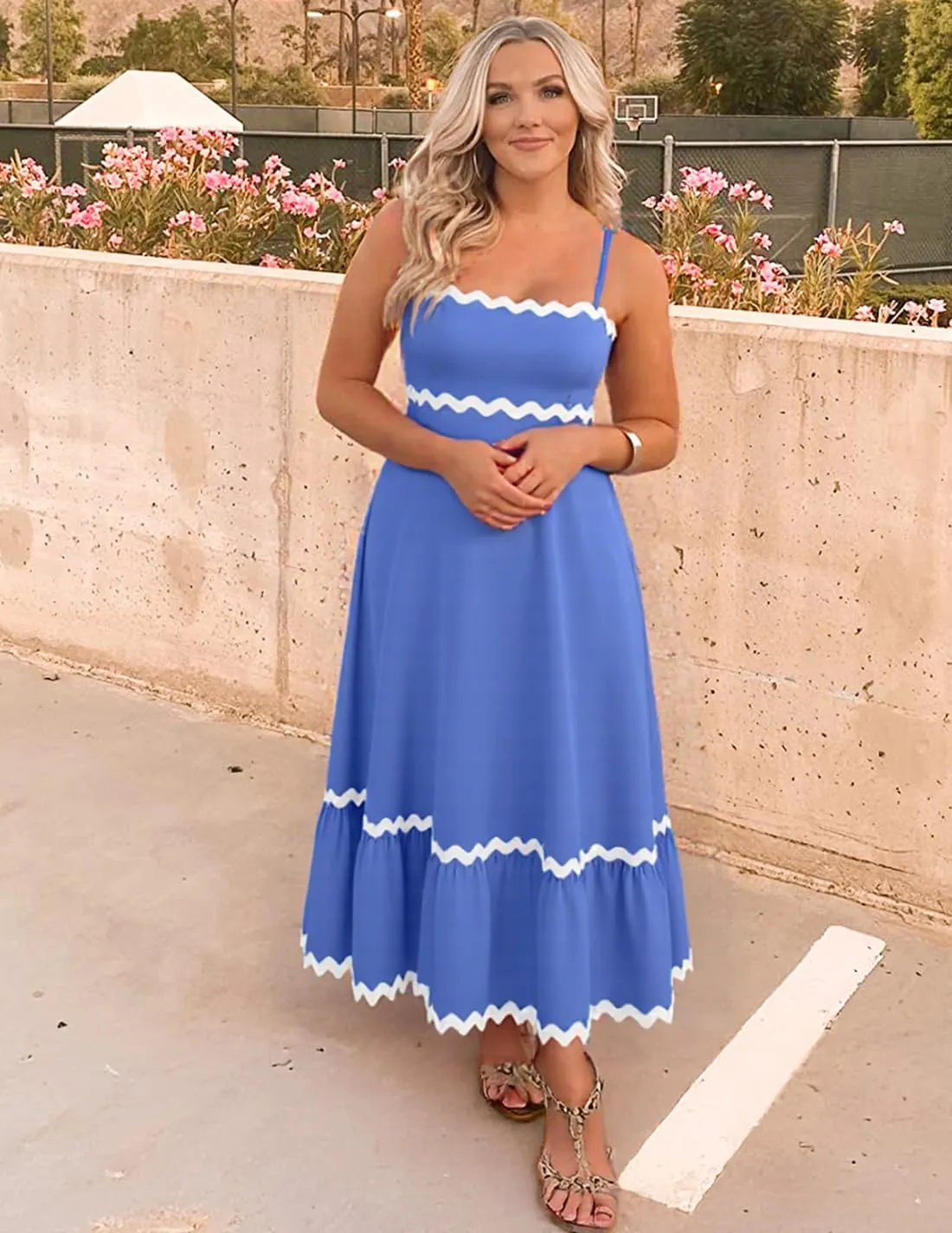 ZESICA Women's 2025 Summer Spaghetti Straps Sleeveless Backless Sundress Flowy Smocked Lace Swing A Line Midi Dress